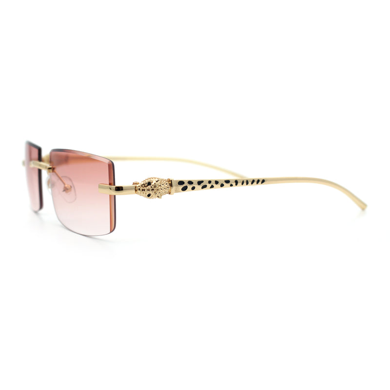 Luxury Rimless Metal Jaguar Arm Narrow Rectangle Rapper Sunglasses