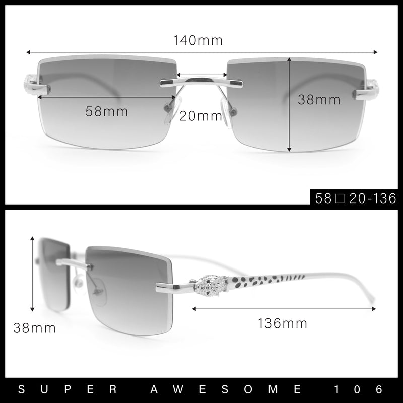 Luxury Rimless Metal Jaguar Arm Narrow Rectangle Rapper Sunglasses