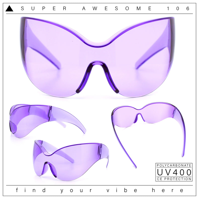 Oversized High Temple Wrap Around Shield Rimless Futurism Sunglasses