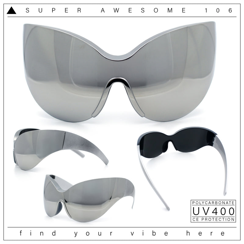 Oversized High Temple Wrap Around Shield Rimless Futurism Sunglasses