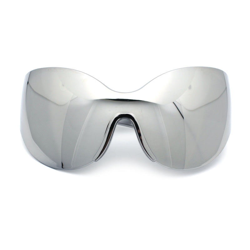 Oversized High Temple Wrap Around Shield Rimless Futurism Sunglasses