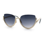 Womens Upside Down Half Rim Bling Pearl Metal Frame Cat Eye Sunglasses