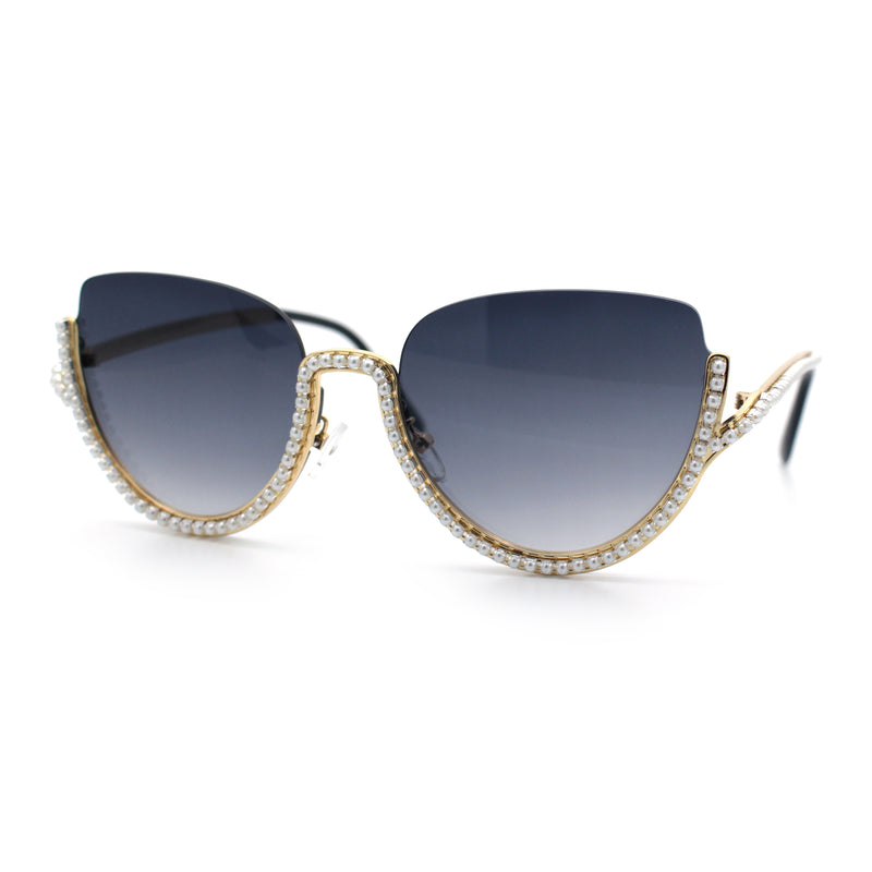 Womens Upside Down Half Rim Bling Pearl Metal Frame Cat Eye Sunglasses