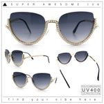 Womens Upside Down Half Rim Bling Pearl Metal Frame Cat Eye Sunglasses
