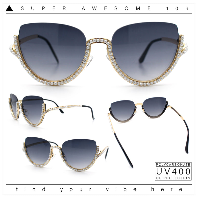 Womens Upside Down Half Rim Bling Pearl Metal Frame Cat Eye Sunglasses