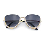 Womens Upside Down Half Rim Bling Pearl Metal Frame Cat Eye Sunglasses
