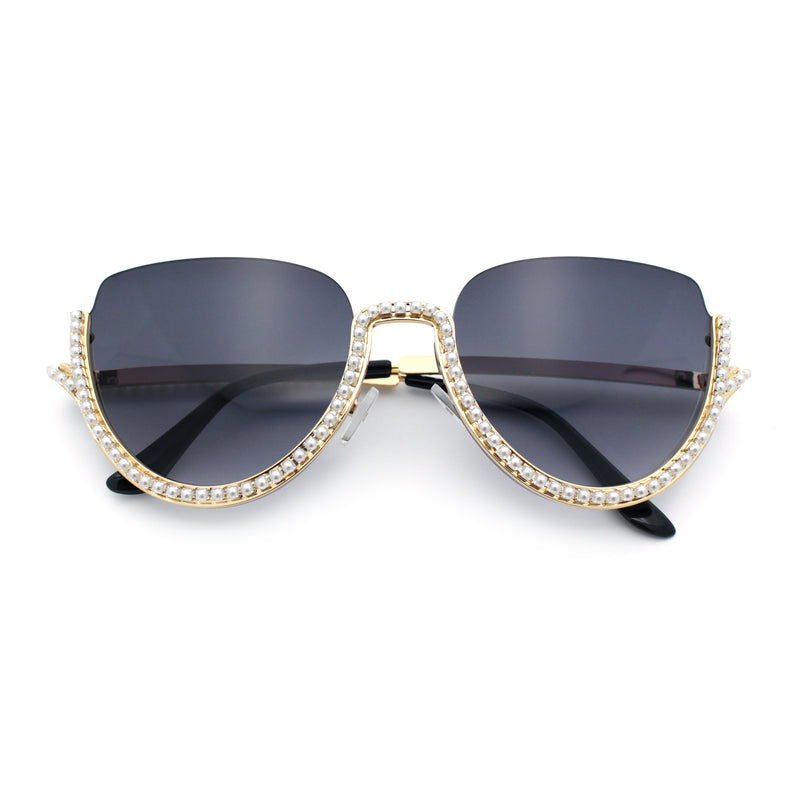Womens Upside Down Half Rim Bling Pearl Metal Frame Cat Eye Sunglasses