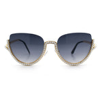 Womens Upside Down Half Rim Bling Pearl Metal Frame Cat Eye Sunglasses