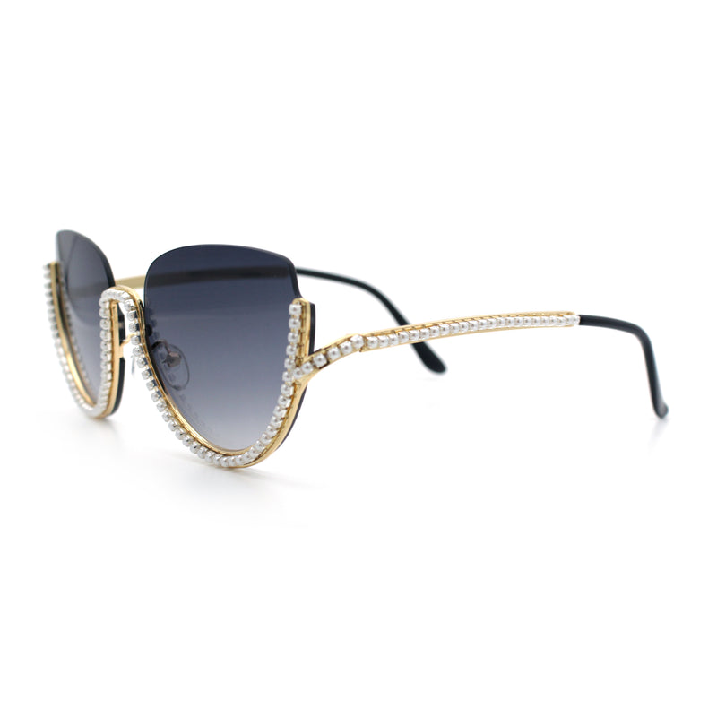 Womens Upside Down Half Rim Bling Pearl Metal Frame Cat Eye Sunglasses