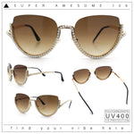 Womens Upside Down Half Rim Bling Pearl Metal Frame Cat Eye Sunglasses