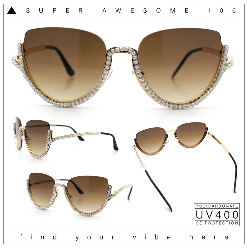 Womens Upside Down Half Rim Bling Pearl Metal Frame Cat Eye Sunglasses