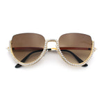 Womens Upside Down Half Rim Bling Pearl Metal Frame Cat Eye Sunglasses