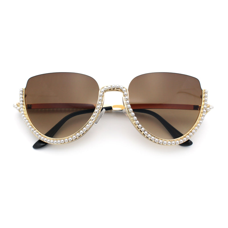 Womens Upside Down Half Rim Bling Pearl Metal Frame Cat Eye Sunglasses