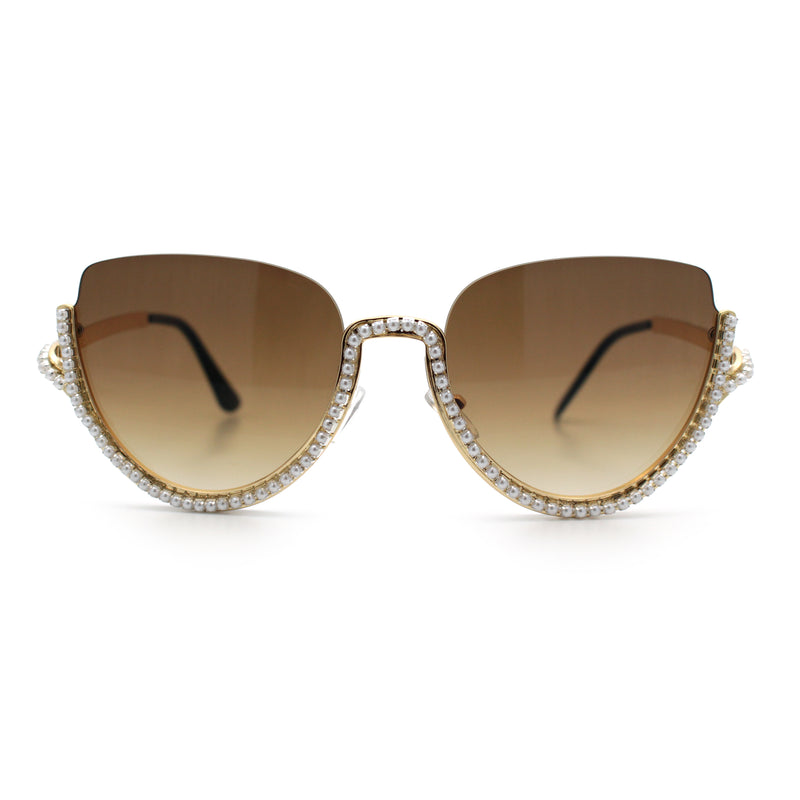Womens Upside Down Half Rim Bling Pearl Metal Frame Cat Eye Sunglasses