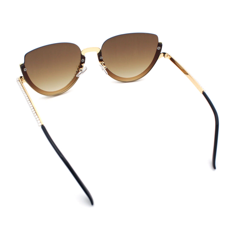 Womens Upside Down Half Rim Bling Pearl Metal Frame Cat Eye Sunglasses