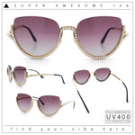 Womens Upside Down Half Rim Bling Pearl Metal Frame Cat Eye Sunglasses