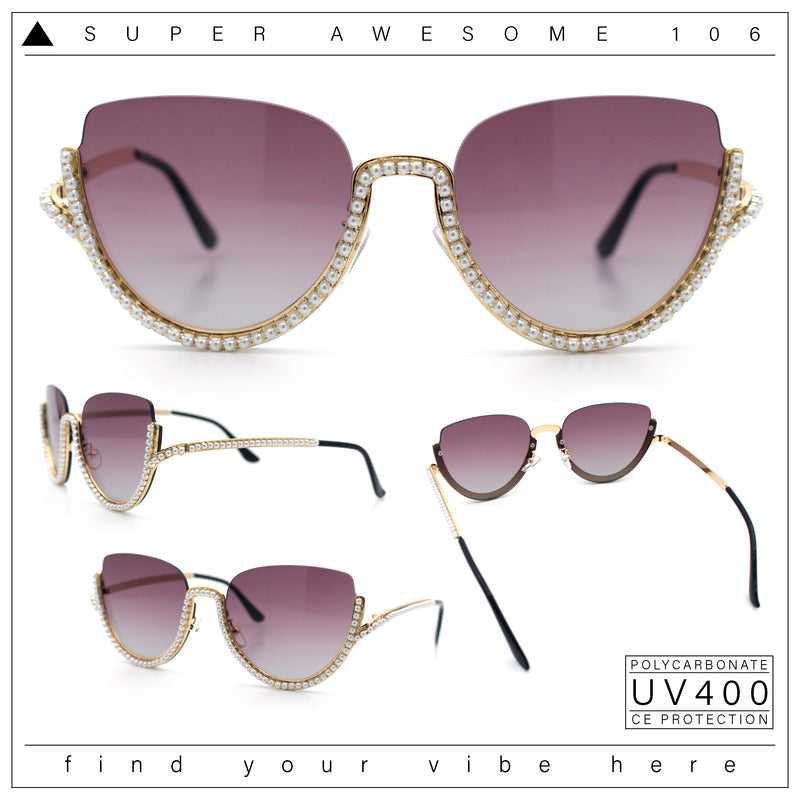 Womens Upside Down Half Rim Bling Pearl Metal Frame Cat Eye Sunglasses