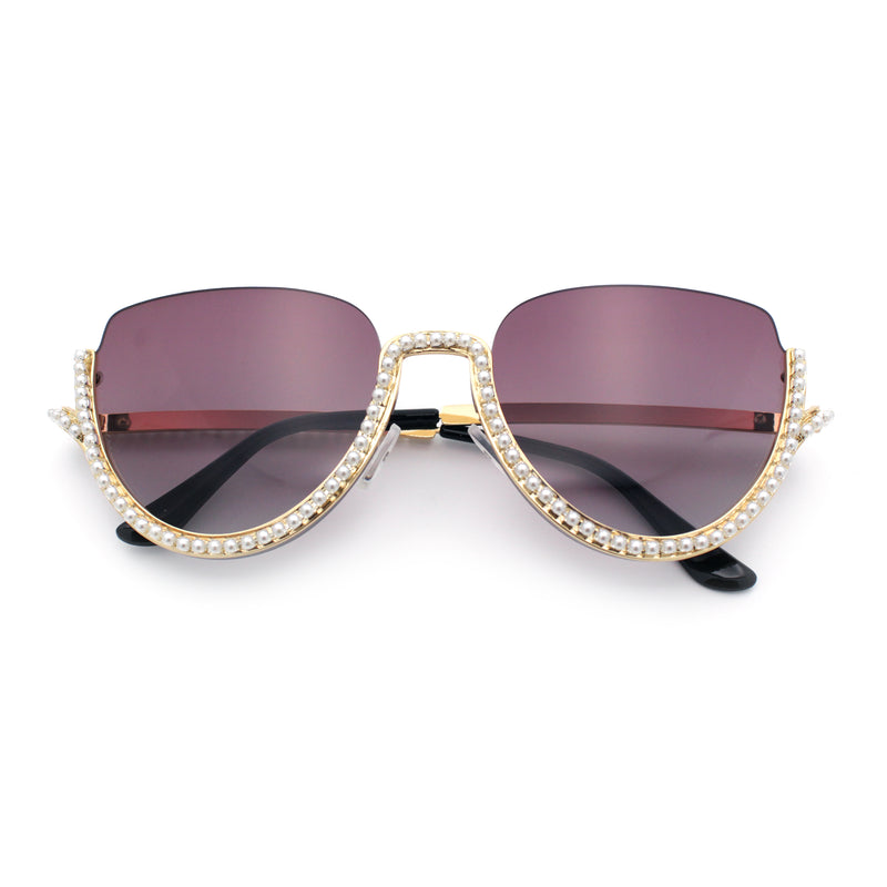 Womens Upside Down Half Rim Bling Pearl Metal Frame Cat Eye Sunglasses
