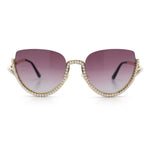 Womens Upside Down Half Rim Bling Pearl Metal Frame Cat Eye Sunglasses