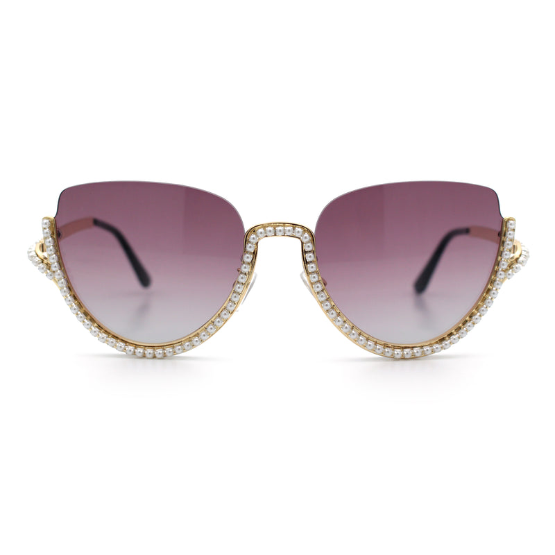Womens Upside Down Half Rim Bling Pearl Metal Frame Cat Eye Sunglasses