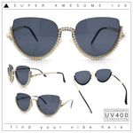 Womens Upside Down Half Rim Bling Pearl Metal Frame Cat Eye Sunglasses