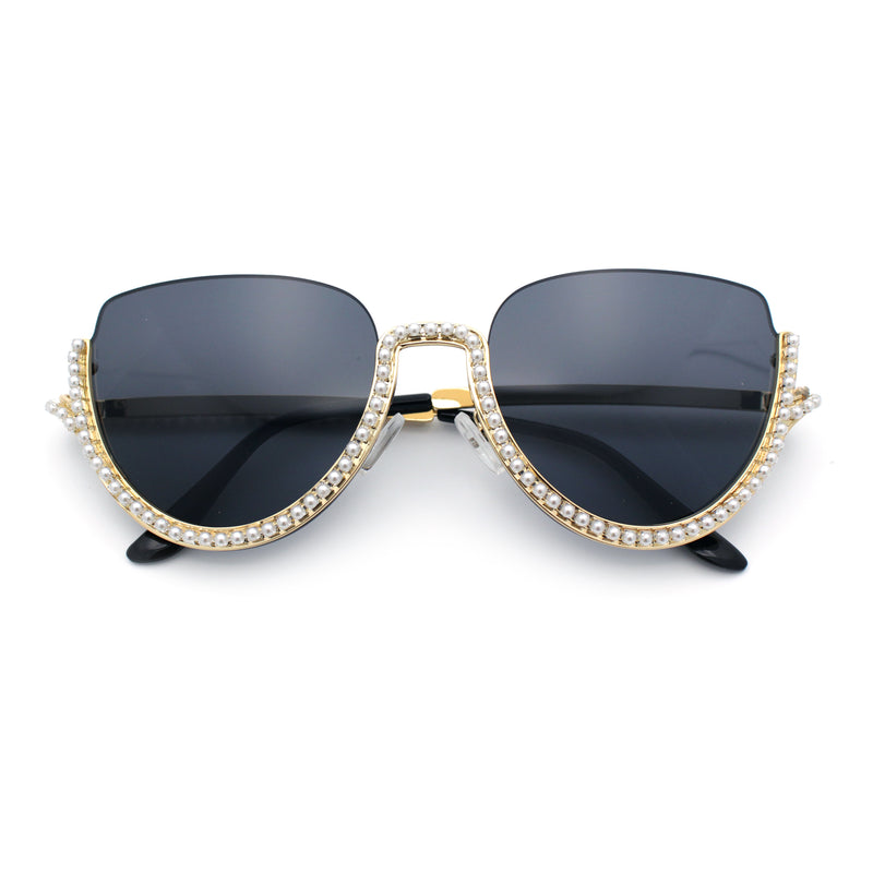 Womens Upside Down Half Rim Bling Pearl Metal Frame Cat Eye Sunglasses