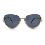 Womens Upside Down Half Rim Bling Pearl Metal Frame Cat Eye Sunglasses