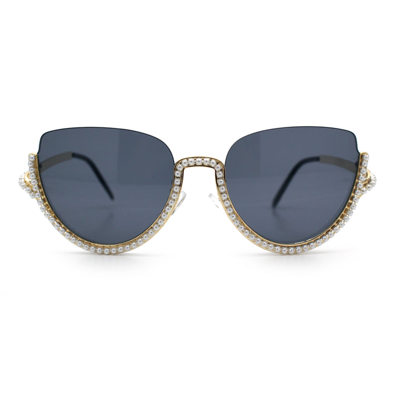Womens Upside Down Half Rim Bling Pearl Metal Frame Cat Eye Sunglasses