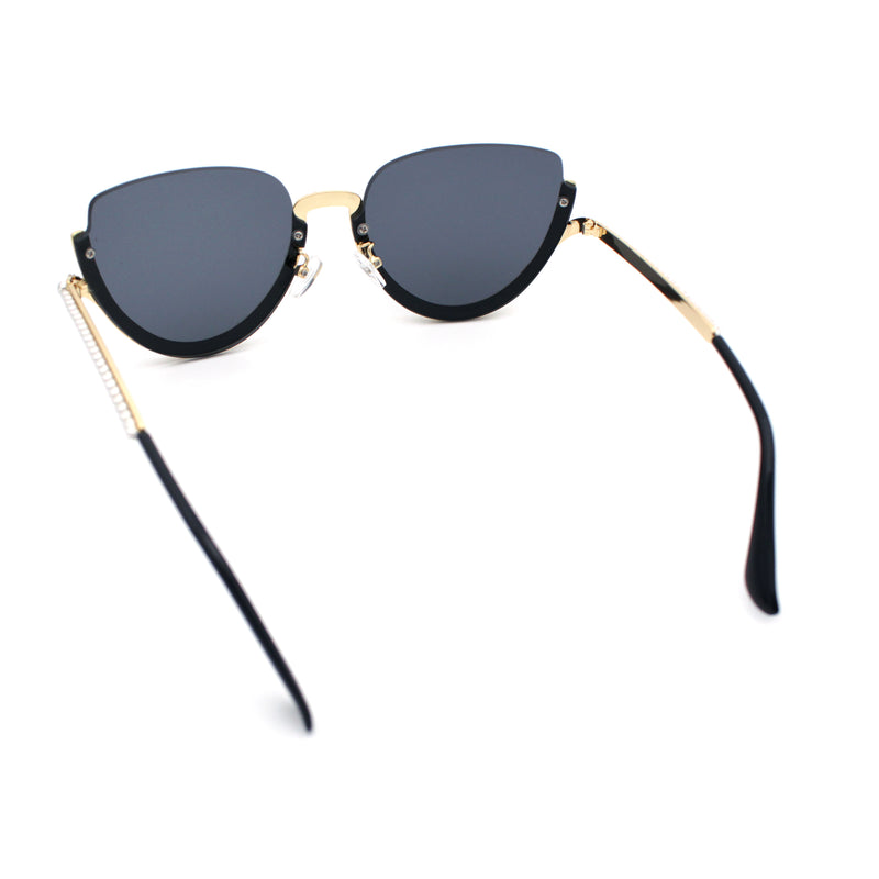 Womens Upside Down Half Rim Bling Pearl Metal Frame Cat Eye Sunglasses