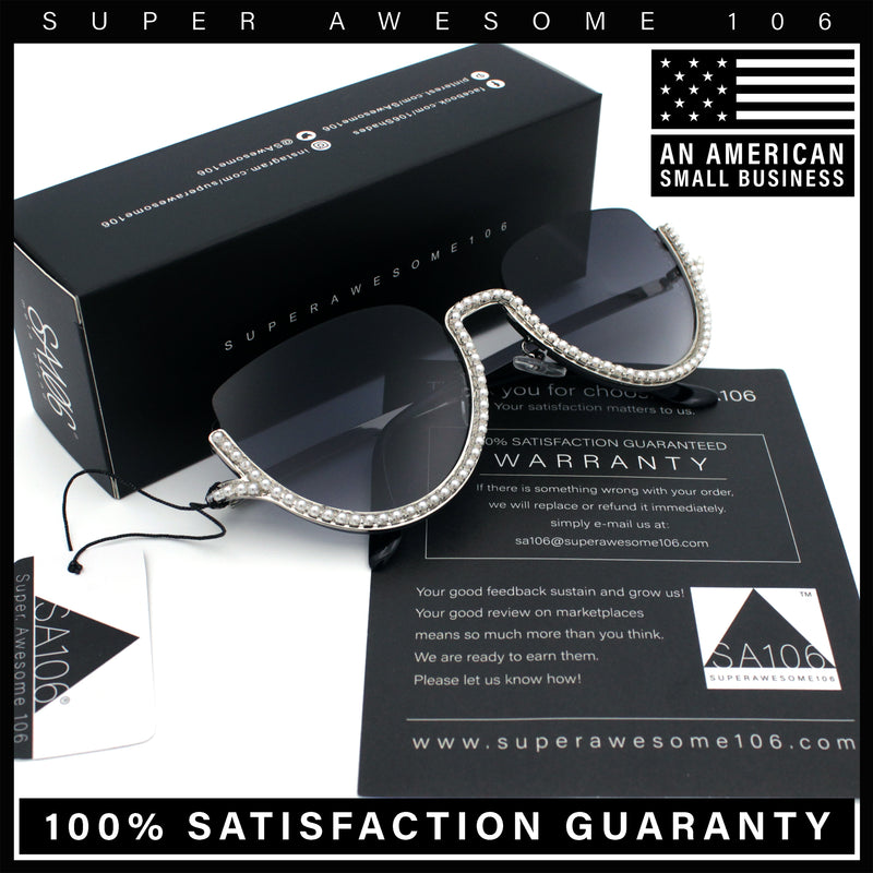 Womens Upside Down Half Rim Bling Pearl Metal Frame Cat Eye Sunglasses