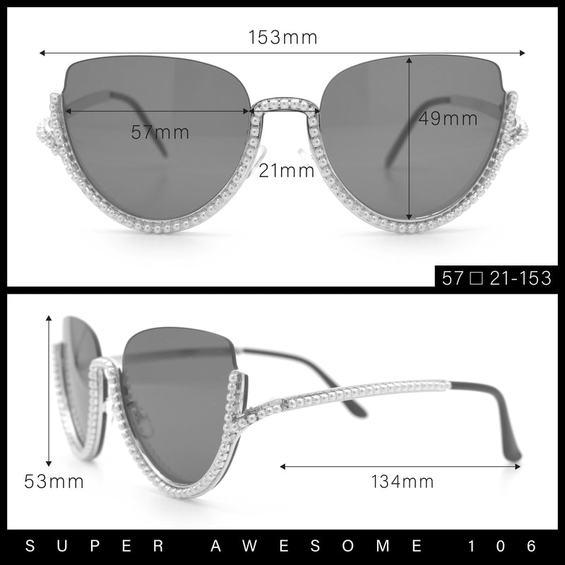 Womens Upside Down Half Rim Bling Pearl Metal Frame Cat Eye Sunglasses