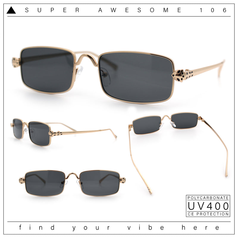 Narrow Rectangle Luxury Leopard Head Jewel Hinges Metal Rim Sunglasses