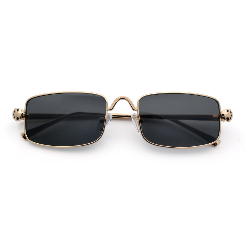 Narrow Rectangle Luxury Leopard Head Jewel Hinges Metal Rim Sunglasses