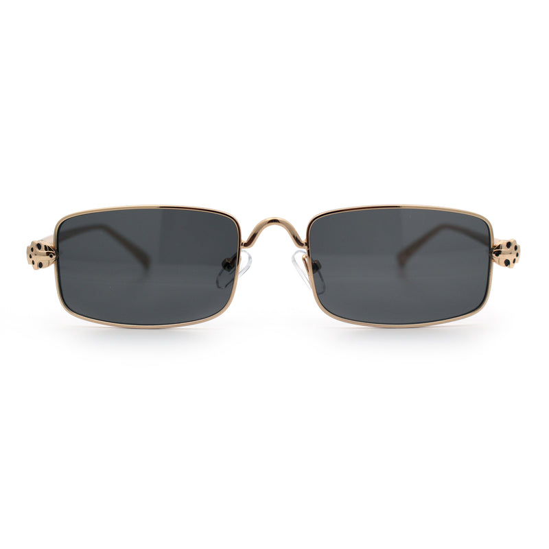 Narrow Rectangle Luxury Leopard Head Jewel Hinges Metal Rim Sunglasses