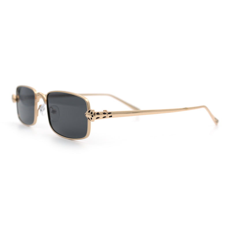 Narrow Rectangle Luxury Leopard Head Jewel Hinges Metal Rim Sunglasses