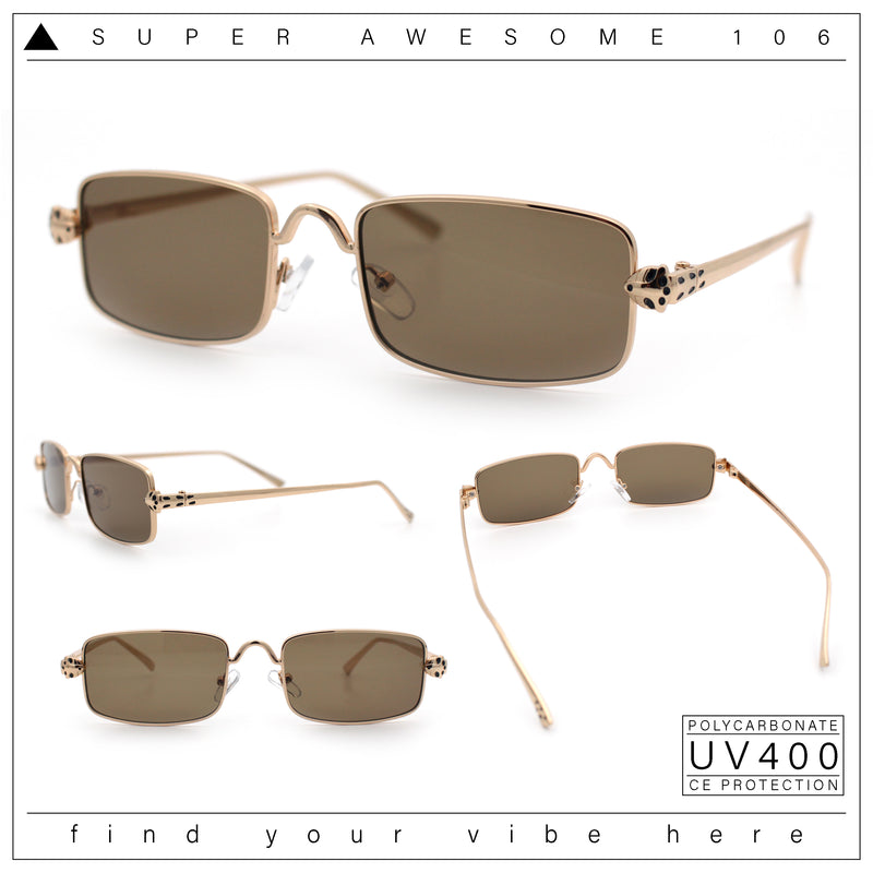 Narrow Rectangle Luxury Leopard Head Jewel Hinges Metal Rim Sunglasses