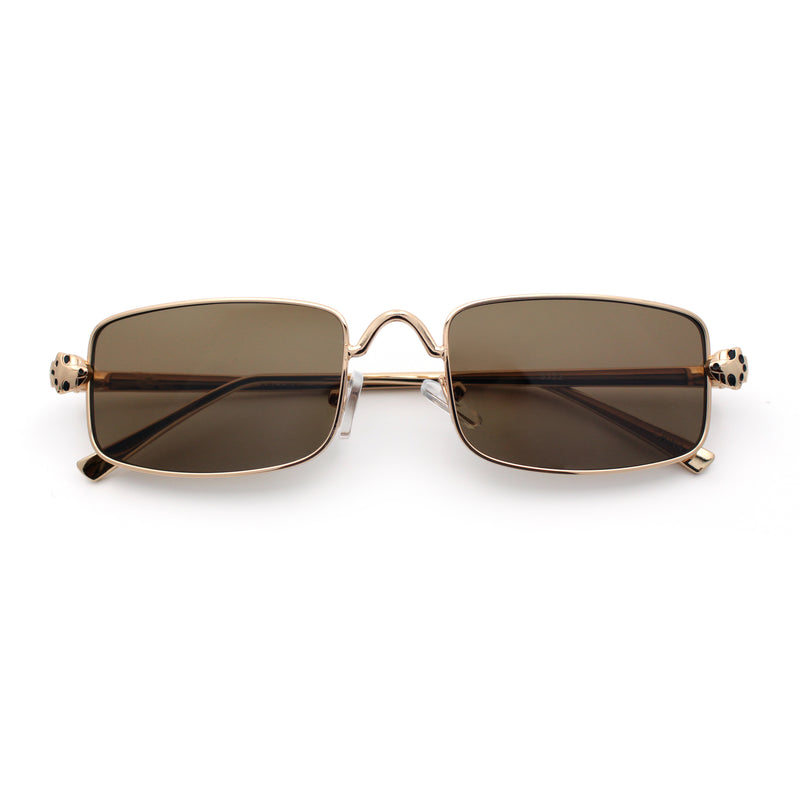 Narrow Rectangle Luxury Leopard Head Jewel Hinges Metal Rim Sunglasses