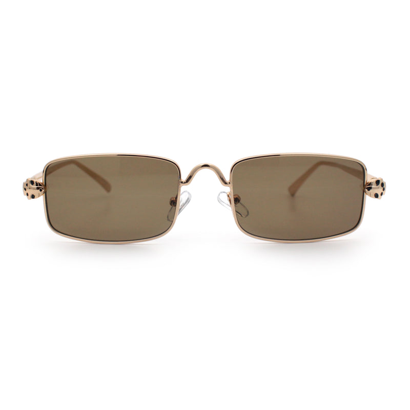 Narrow Rectangle Luxury Leopard Head Jewel Hinges Metal Rim Sunglasses