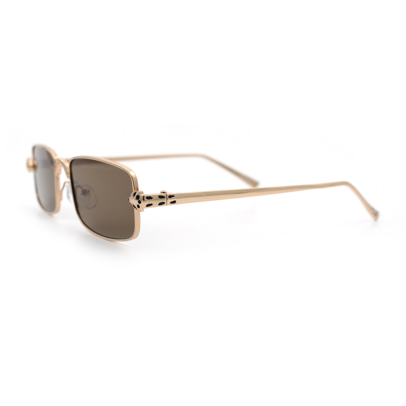 Narrow Rectangle Luxury Leopard Head Jewel Hinges Metal Rim Sunglasses