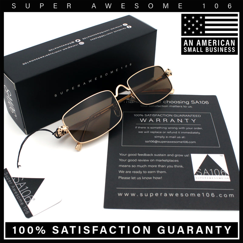 Narrow Rectangle Luxury Leopard Head Jewel Hinges Metal Rim Sunglasses