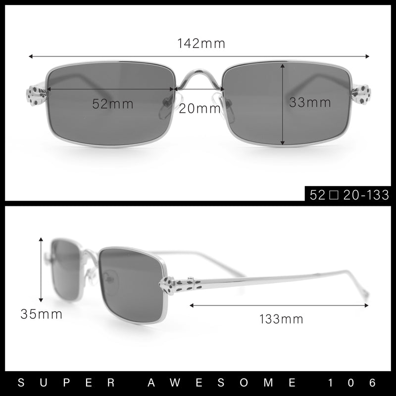 Narrow Rectangle Luxury Leopard Head Jewel Hinges Metal Rim Sunglasses