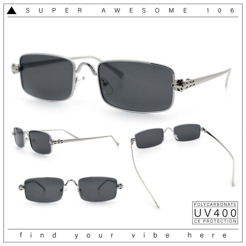 Narrow Rectangle Luxury Leopard Head Jewel Hinges Metal Rim Sunglasses