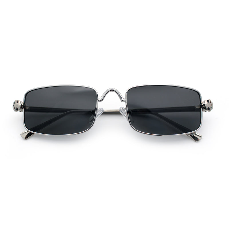 Narrow Rectangle Luxury Leopard Head Jewel Hinges Metal Rim Sunglasses