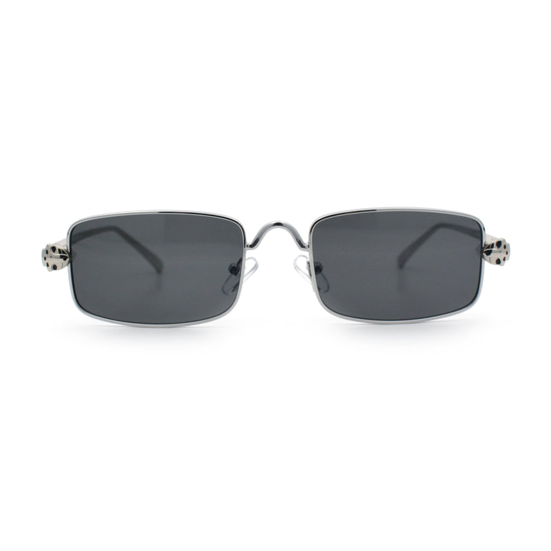 Narrow Rectangle Luxury Leopard Head Jewel Hinges Metal Rim Sunglasses