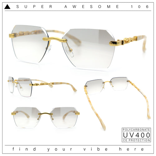 Luxury Rimless Beveled Rectangle Lens Jaguar Metal Figurine Arm Sunglasses