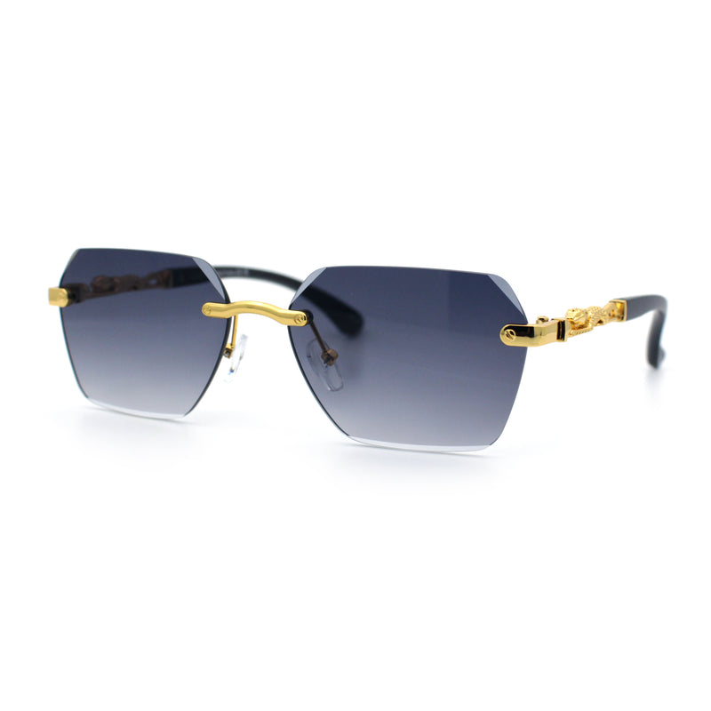 Luxury Rimless Beveled Rectangle Lens Jaguar Metal Figurine Arm Sunglasses