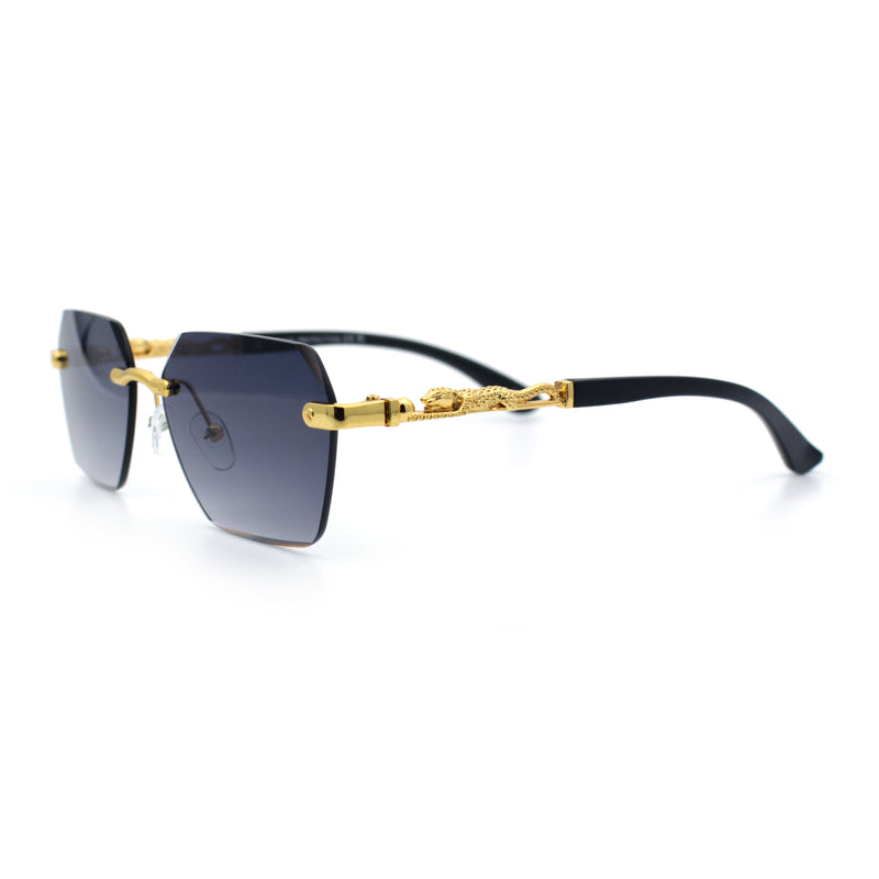Luxury Rimless Beveled Rectangle Lens Jaguar Metal Figurine Arm Sunglasses