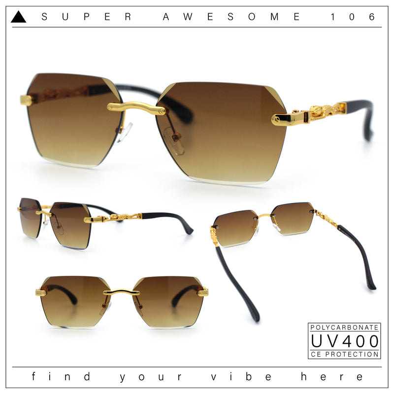 Luxury Rimless Beveled Rectangle Lens Jaguar Metal Figurine Arm Sunglasses