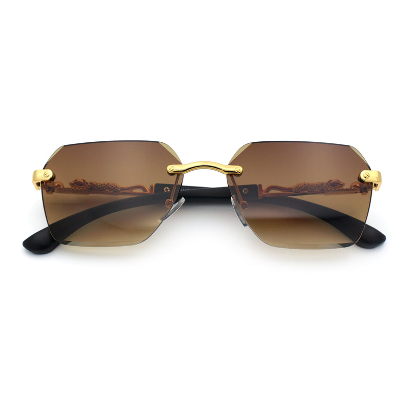 Luxury Rimless Beveled Rectangle Lens Jaguar Metal Figurine Arm Sunglasses