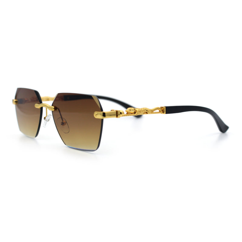 Luxury Rimless Beveled Rectangle Lens Jaguar Metal Figurine Arm Sunglasses